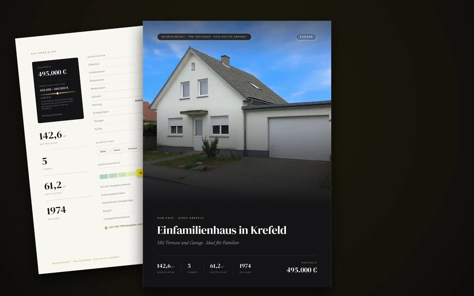 Exposé des Beispielobjekts in Krefeld: Titelseite mit Foto, Titel und Kaufpreis, dahinter zwei weitere Seiten